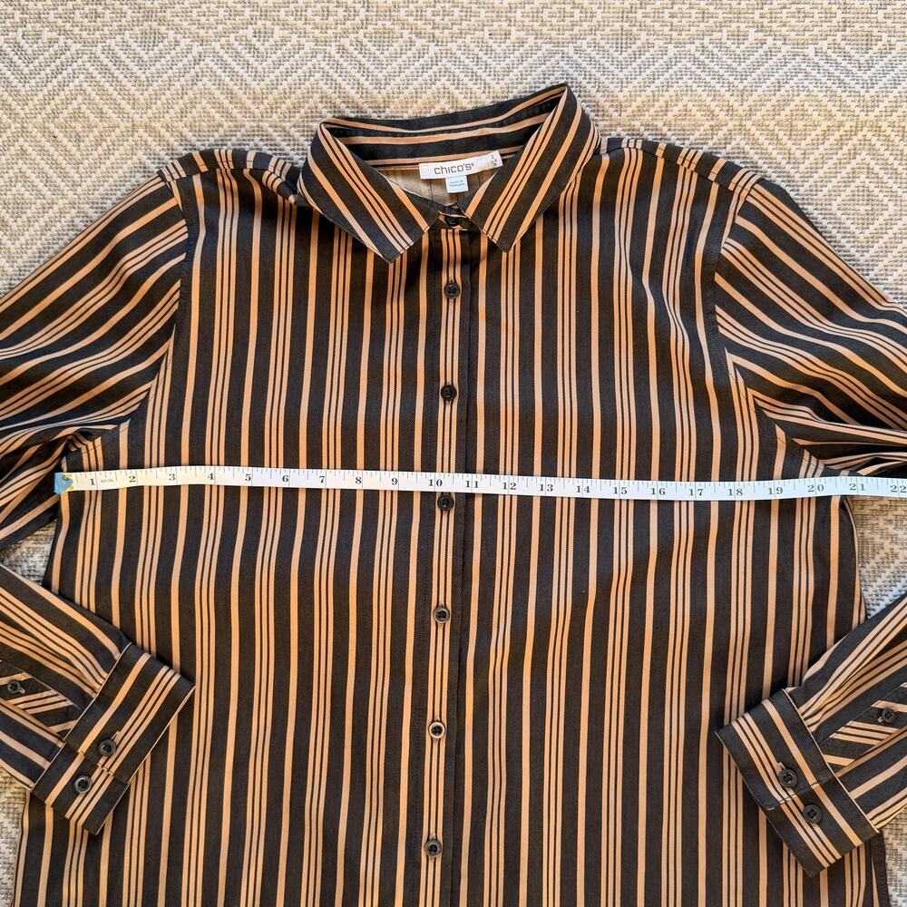 Chicos Shirt Womens 12 Black Tan Stripe Button Front Long Sleeve Stretch Blouse - Picture 8 of 11
